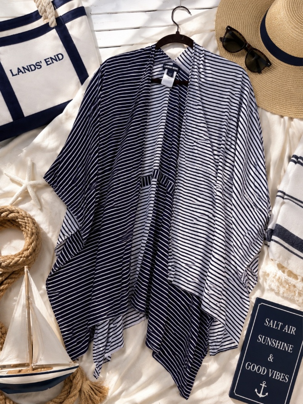 Lands’ End Navy Stripe Swim Cover-Up Kimono | One Size | Resort Coastal Chic